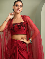 Bloody Mary Abstract Work Crop-Top, Draped Skirt & Embellished Organza Cape