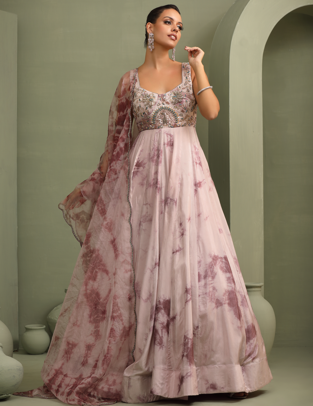 Lavender Tie-Dye Hand-Embroidered Anarkali Gown With Dupatta