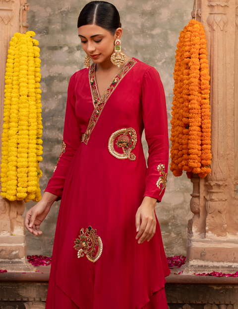 Red Paisley Angrakha Crepe Gown