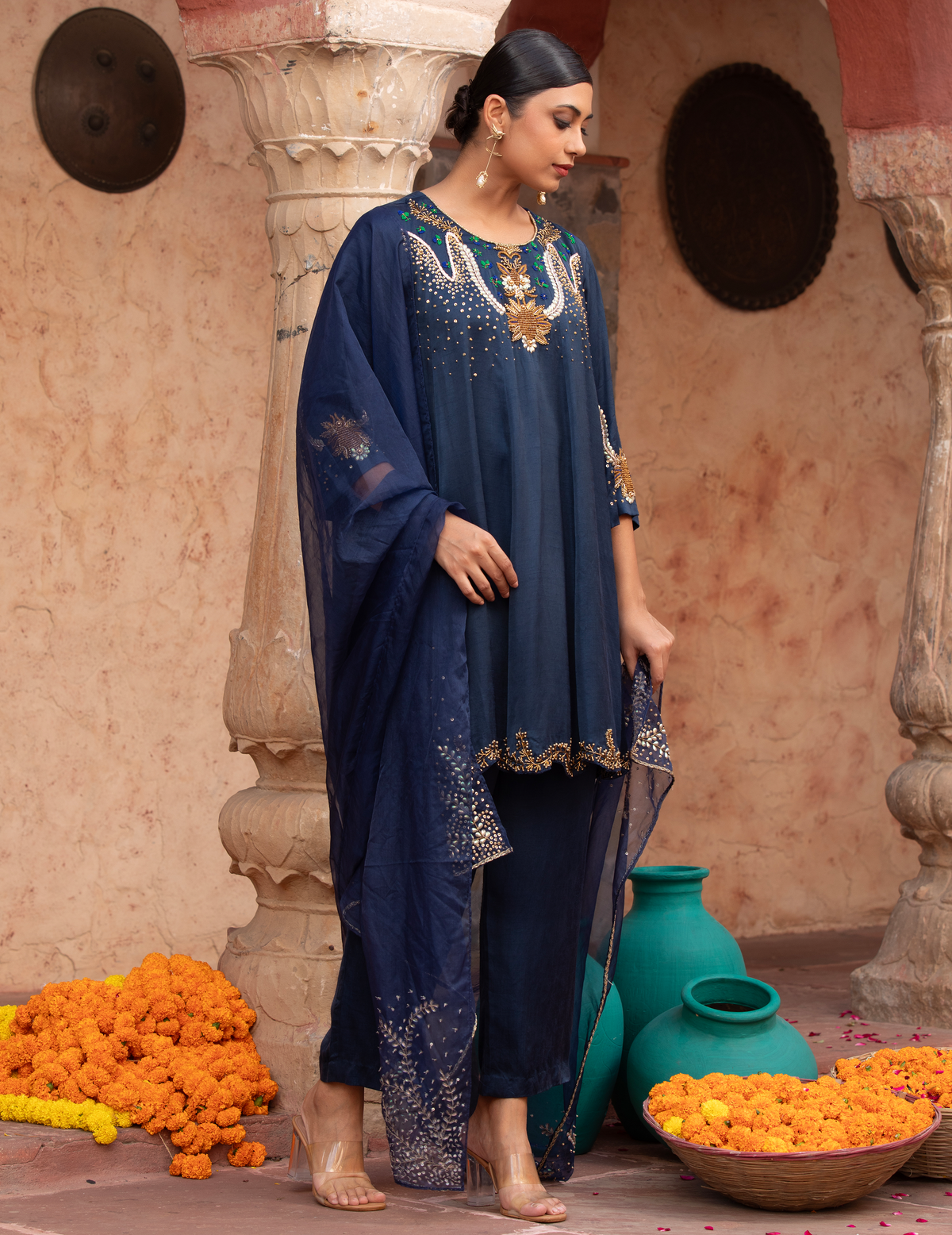 Midnight Blue Hand-Detailed Anarkali Set