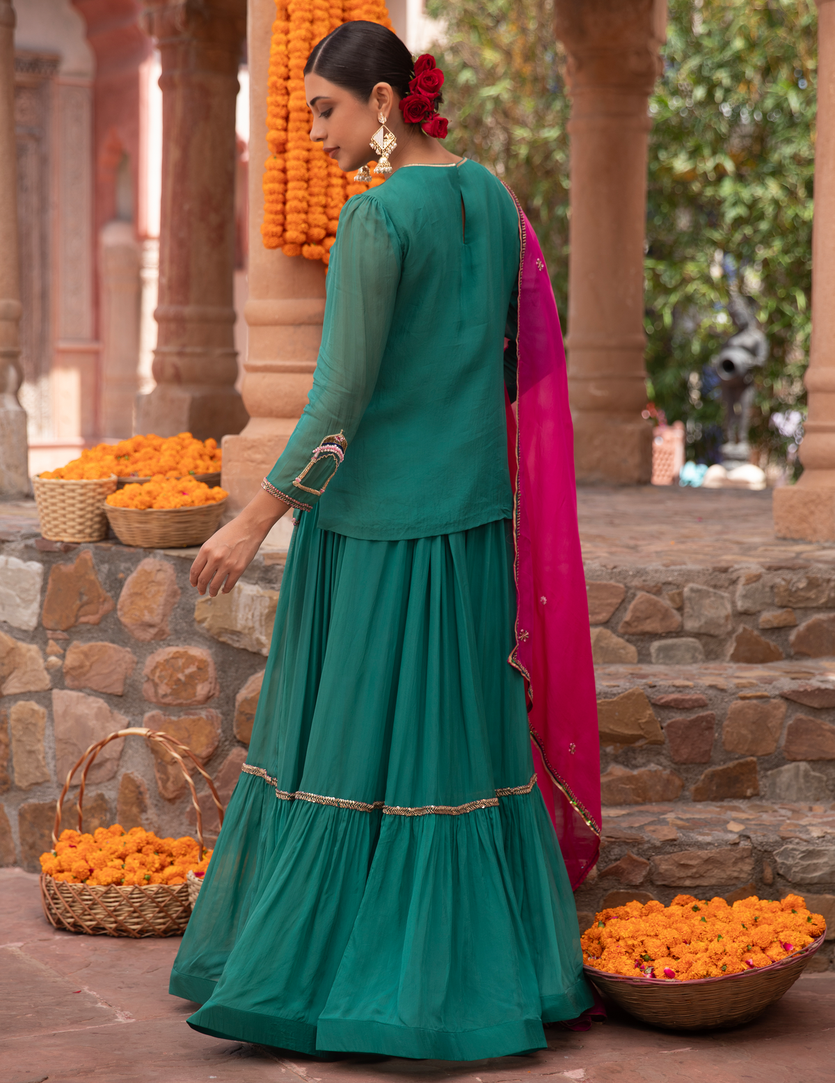 Jade Green Organza Bird Kurti Lehenga