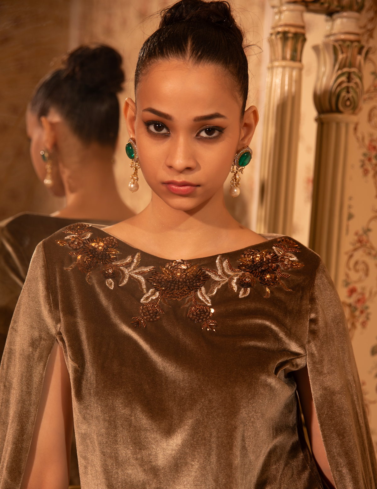 Gold Baroque Velvet Cape With Trousers