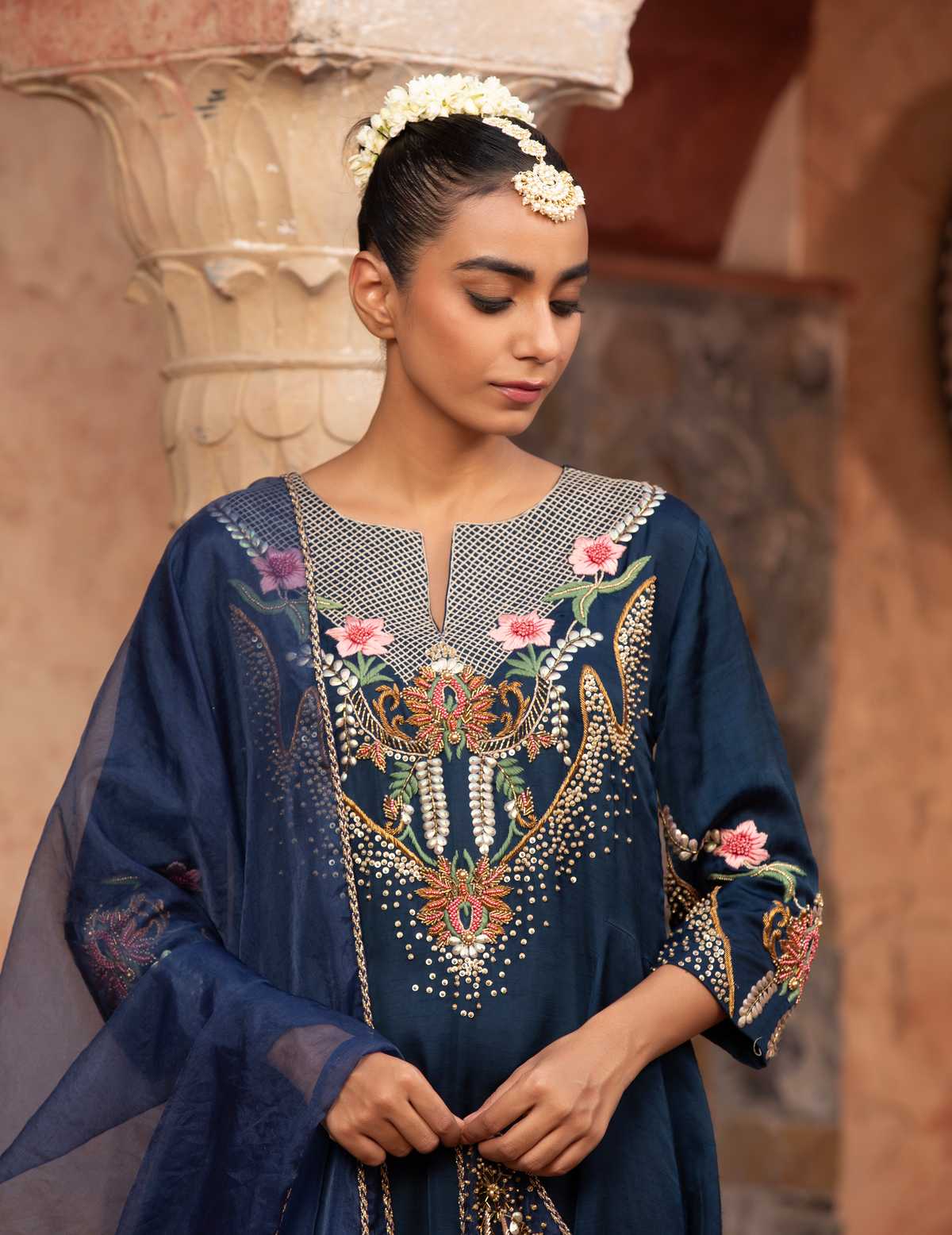 Navy Blue Floral Motif Anarkali Set