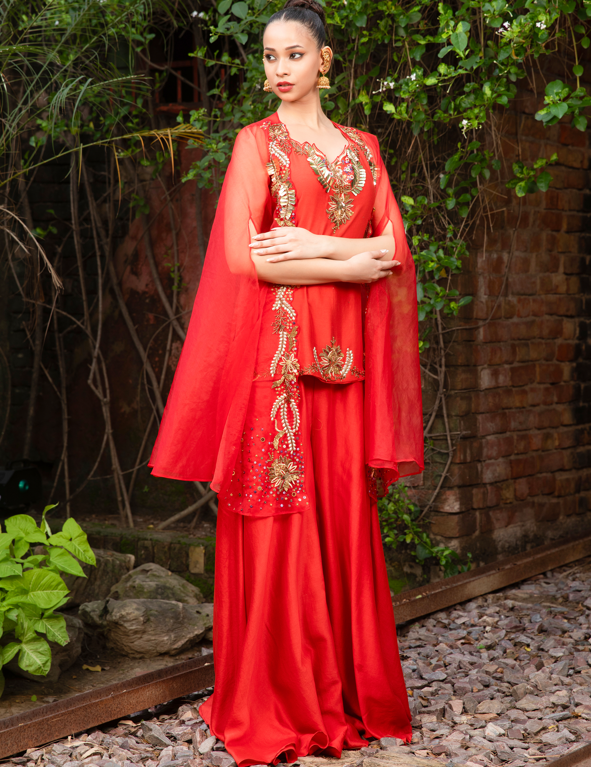 Vermilion Hand-Embellished Kurti Palazzo & Cape