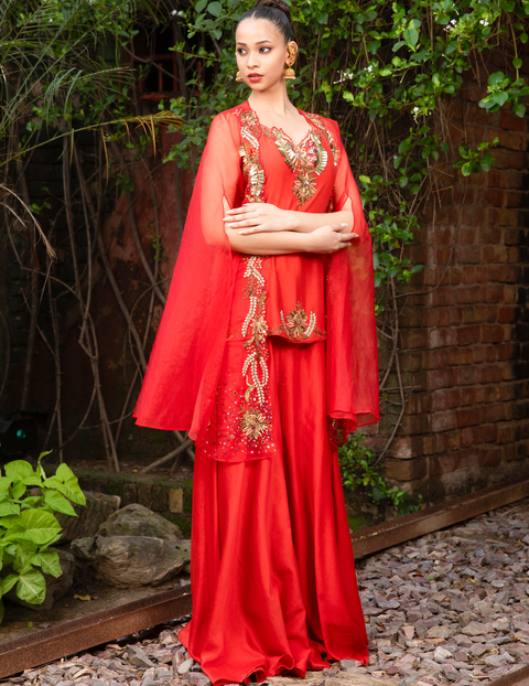 Vermilion Hand-Embellished Kurti Palazzo & Cape