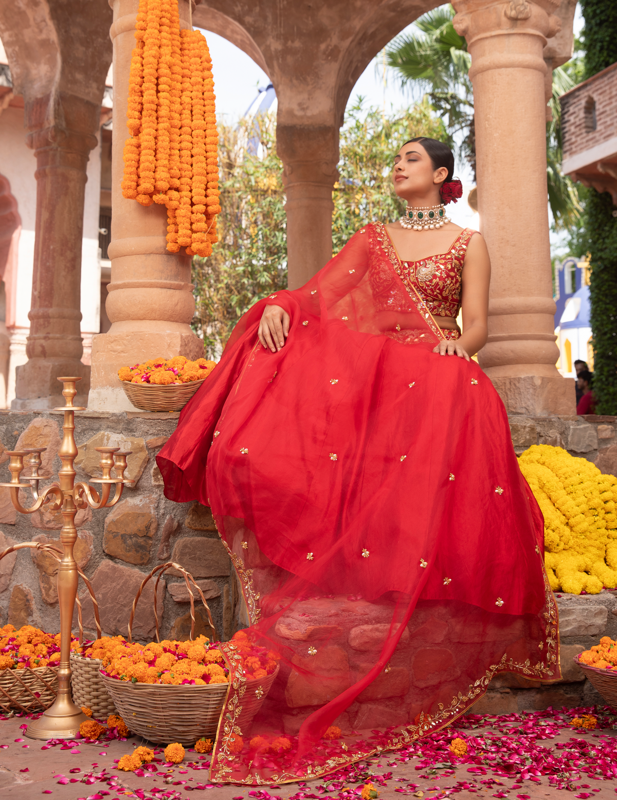 Scarlet Red Peacock Kora Silk Lehenga