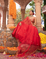 Scarlet Red Peacock Kora Silk Lehenga