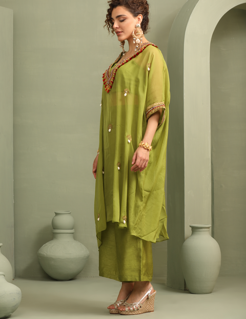Parrot Green Festive Oversized Kaftan-Crop Top, Trouser Set