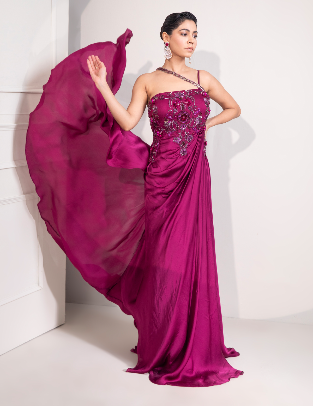 Viva Magenta Draped Cocktail Gown With Embellished Corset