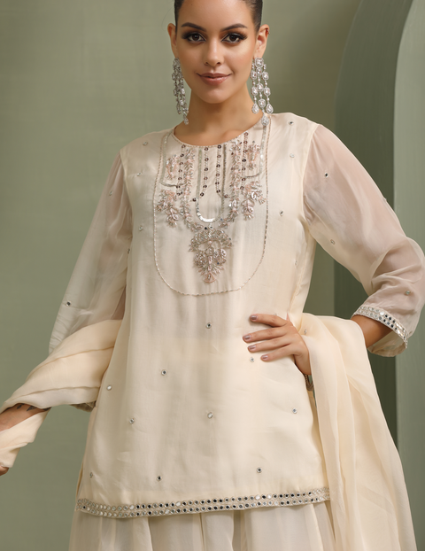 Ivory Hand-Embellished Short Kurti With Mirror-Work Lehenga & Dupatta Set