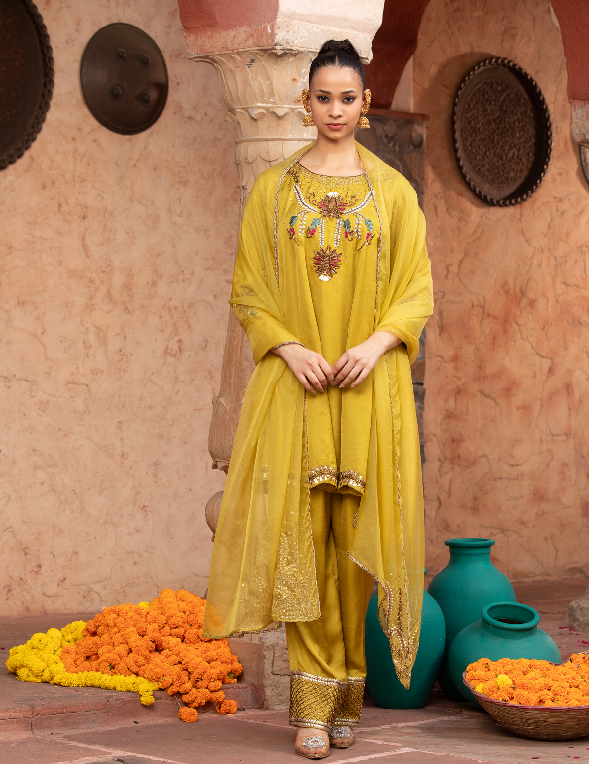 Lime Green Hand-Embellished Anarkali Set