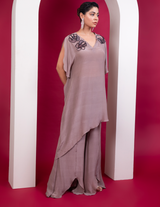 Asymmetric Kaftan & Pallazo Set In Greige Shade