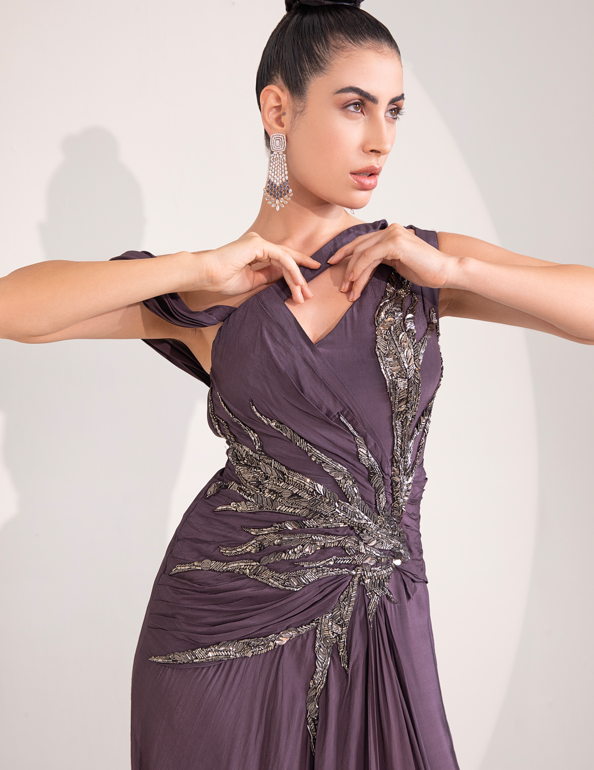 Midnight Plum One Shoulder Gown With Abstract Work