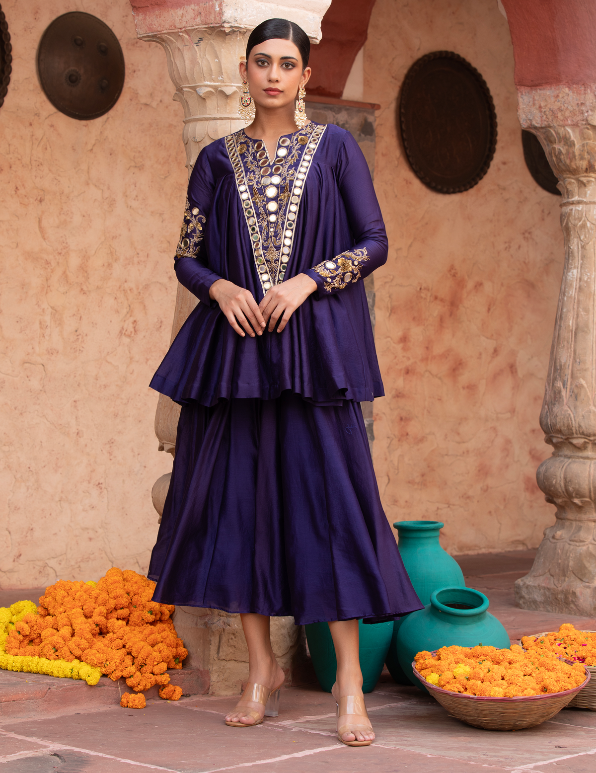 Blue Chanderi Kathiavadi Top & Midi Skirt