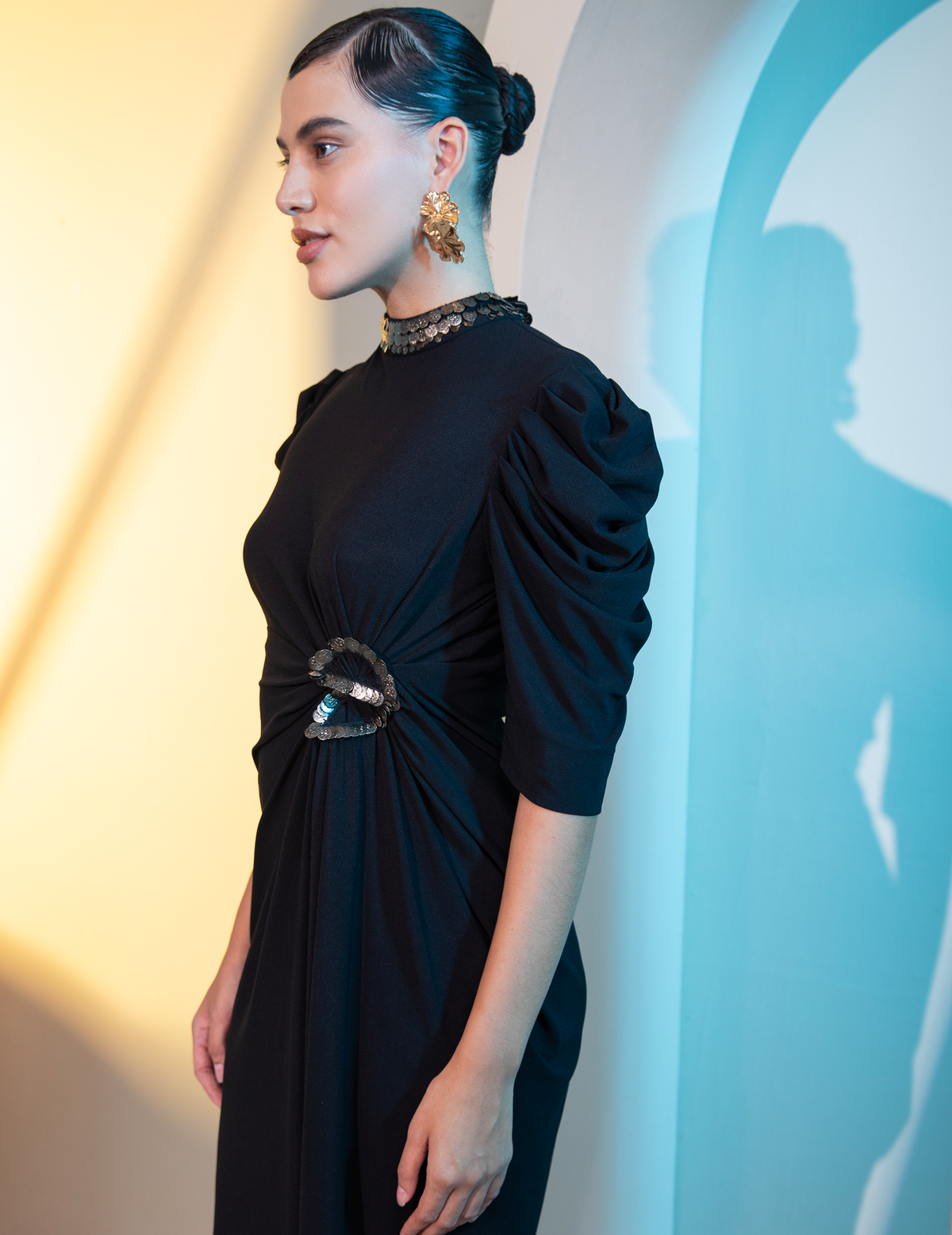 Coin Hi-Neck Draped Asymmetric Dress With Cowl Sleeves