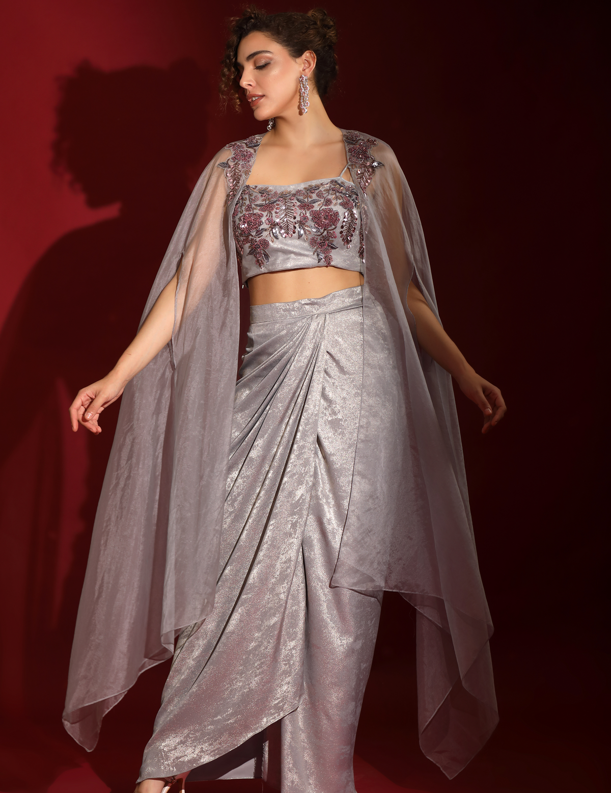 Metallic Grey Foil & Sea Life Embroidered Crop-Top Draped Skirt-Cape Set