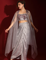 Metallic Grey Foil & Sea Life Embroidered Crop-Top Draped Skirt-Cape Set