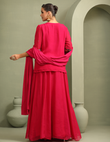 Rani Pink Peacock Embroidered Lehenga-Short Kurti & Duppata Set