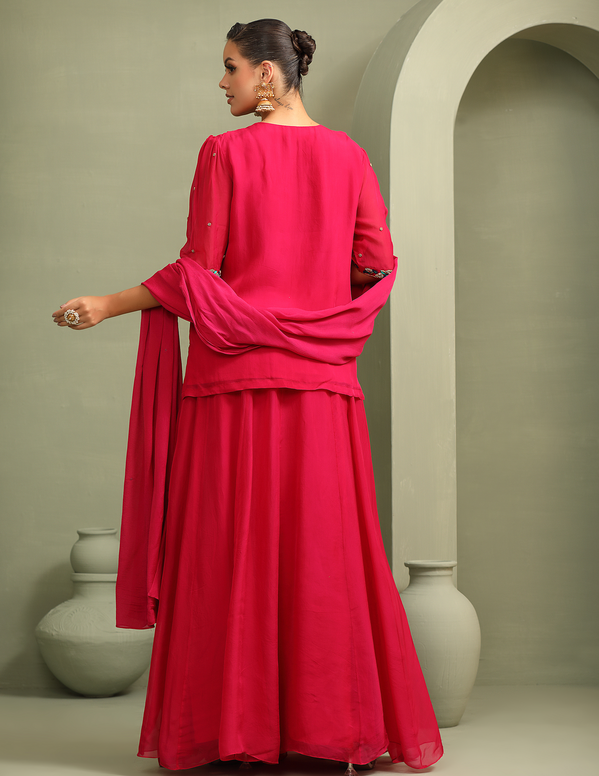 Rani Pink Peacock Embroidered Lehenga-Short Kurti & Duppata Set