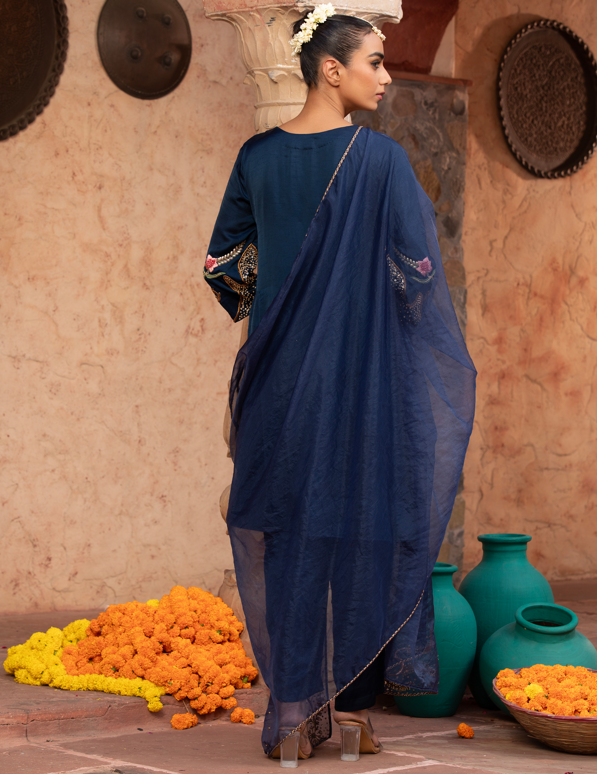 Navy Blue Floral Motif Anarkali Set