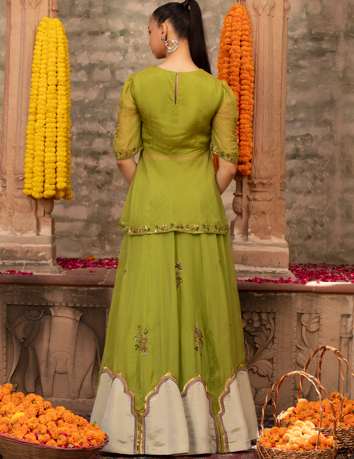 Parrot Green Organza Jharoka Applique Peplum Lehenga