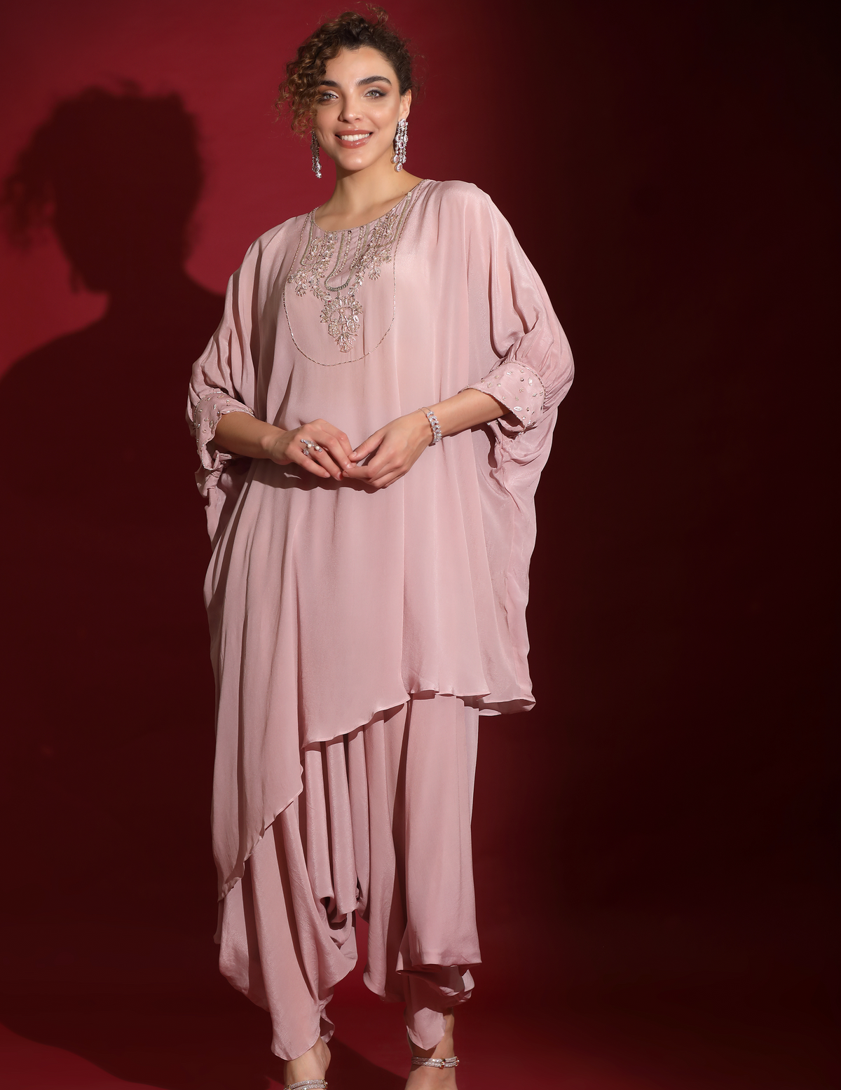 Blush Lavender Asymmetric Over-Sized Kaftan With Low Crotch Harem Indo-Fusion