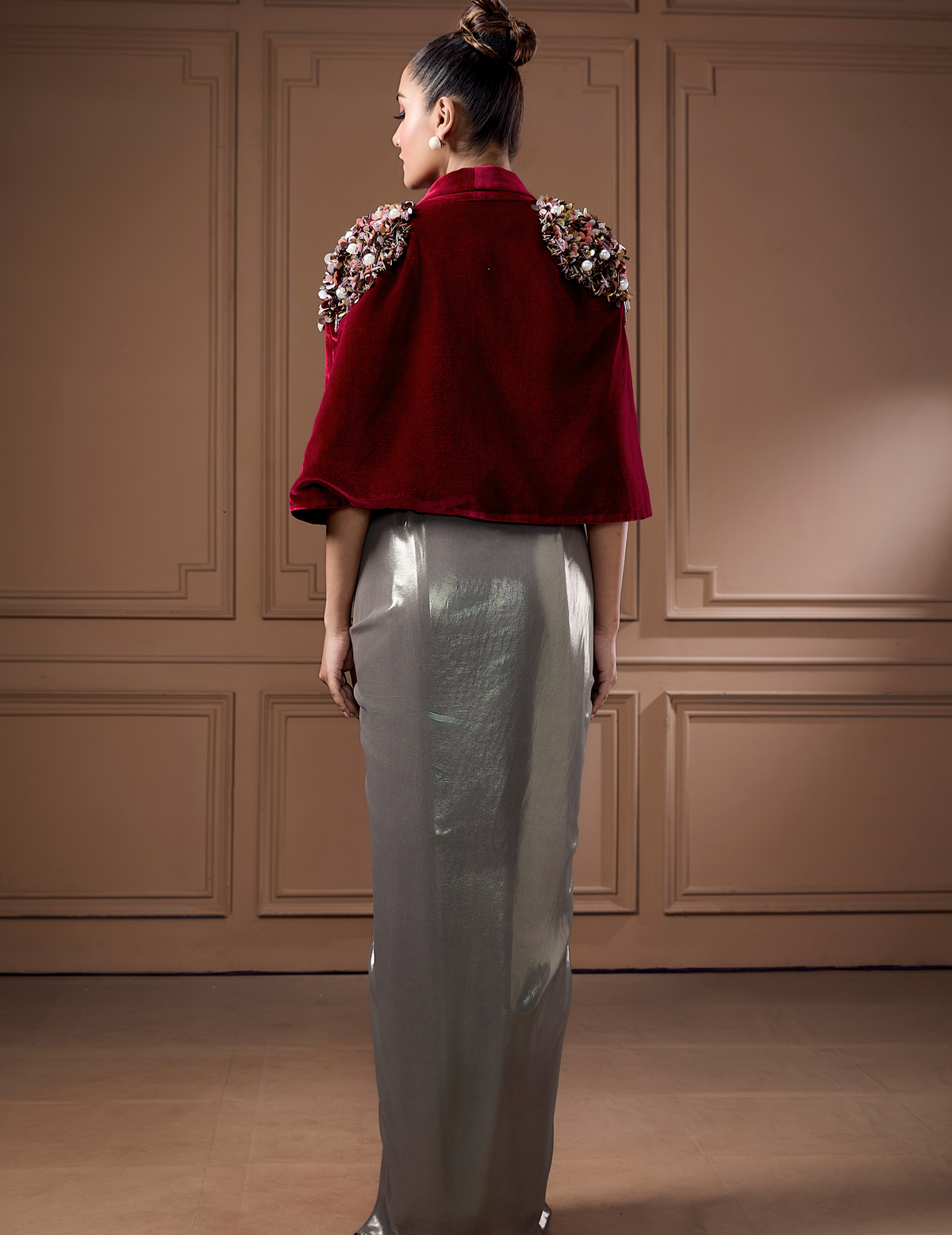 Wine Velvet Cape With Glass Cowl Bustier And Drape Skirt