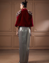 Wine Velvet Cape With Glass Cowl Bustier And Drape Skirt