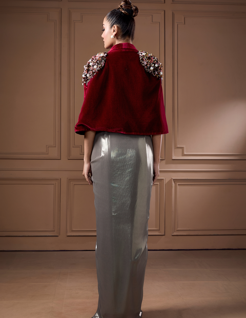 Wine Velvet Cape With Glass Cowl Bustier And Drape Skirt