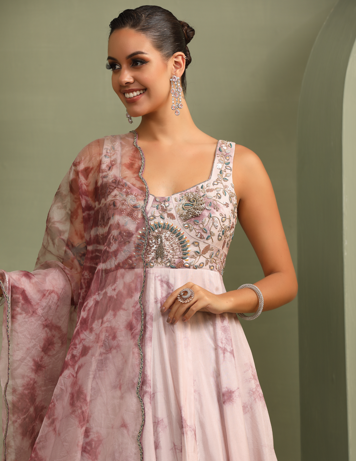 Lavender Tie-Dye Hand-Embroidered Anarkali Gown With Dupatta