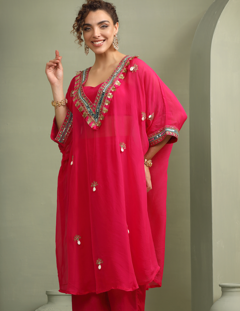 Pink Festive Oversized Kaftan-Crop Top,Trouser Set