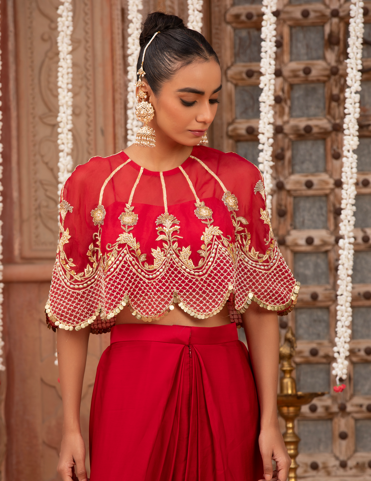 Scarlet Red Scaloop Cape, Bustier & Drape Skirt