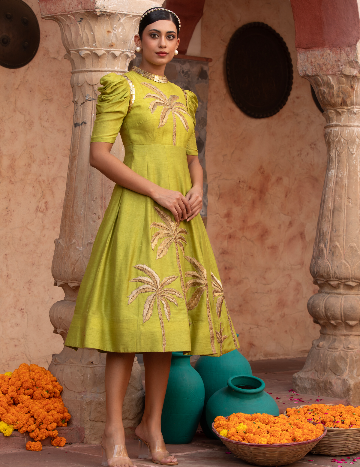 Lime Green Zari Tree Midi Gown