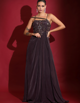 Chocalate Draped Cocktail Gown With Embellished Corset