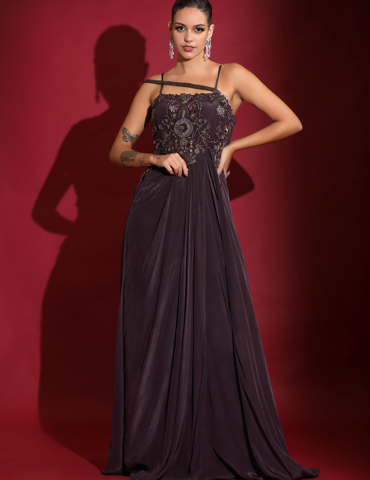 Chocalate Draped Cocktail Gown With Embellished Corset