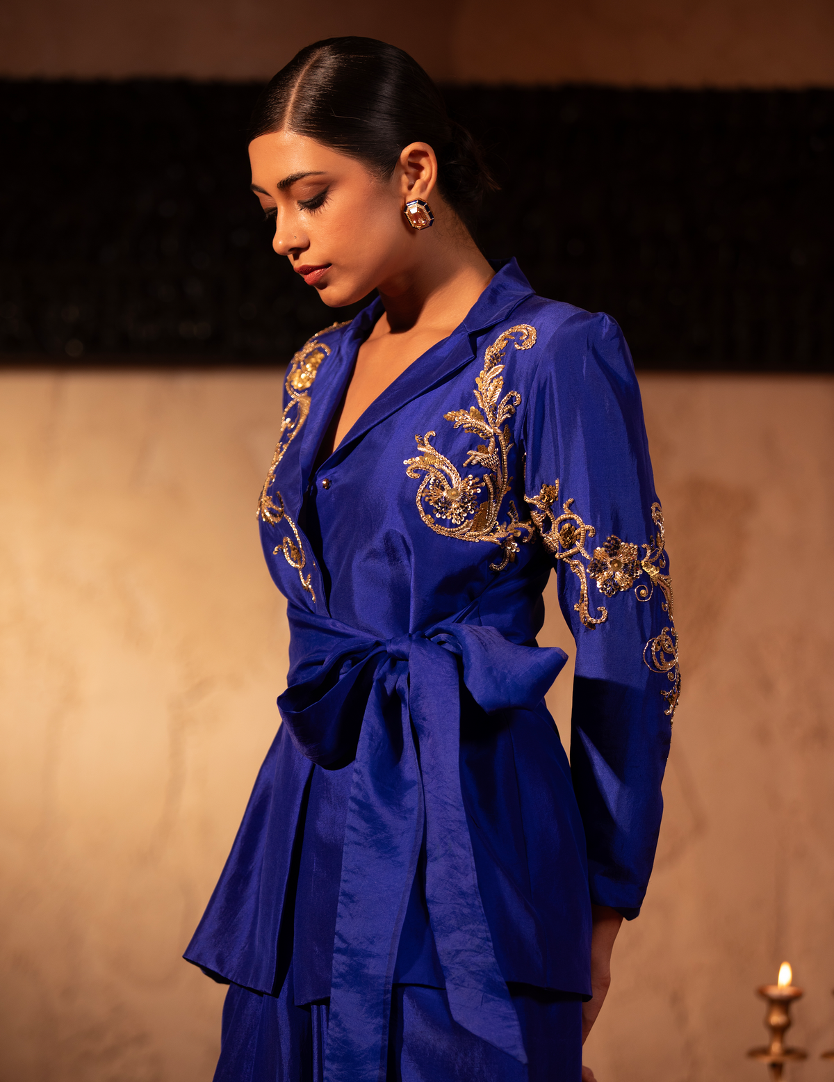 Egyptian Blue Wrap Rococco Blazer With Drape Skirt