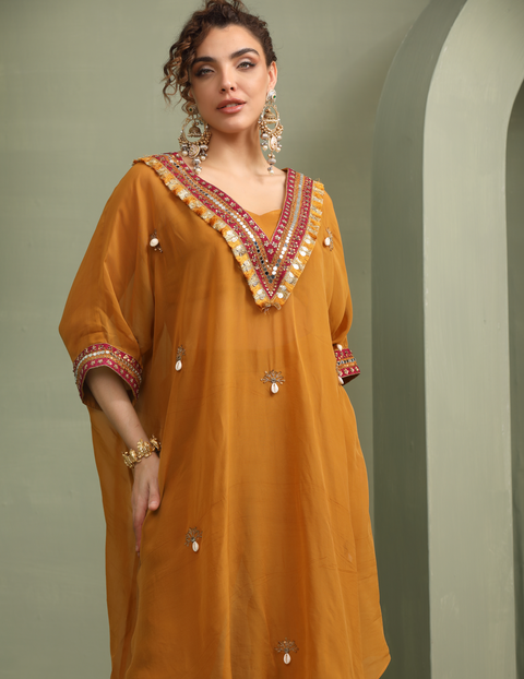 Mustard Festive Oversized Kaftan-Crop Top, Trousers Set