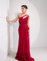 Ruby Red One Shoulder Draped Cocktail Gown Abstract Work