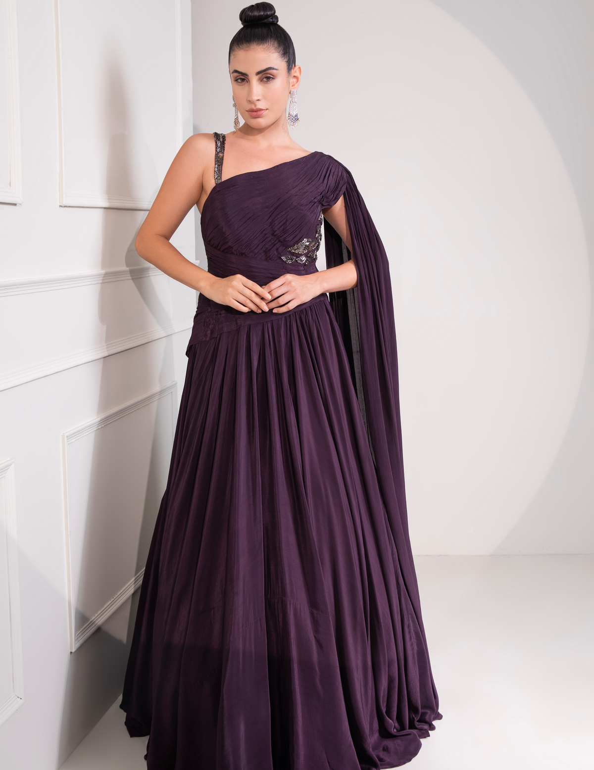 One Shoulder Draped Cocktail Gown Abstract Work