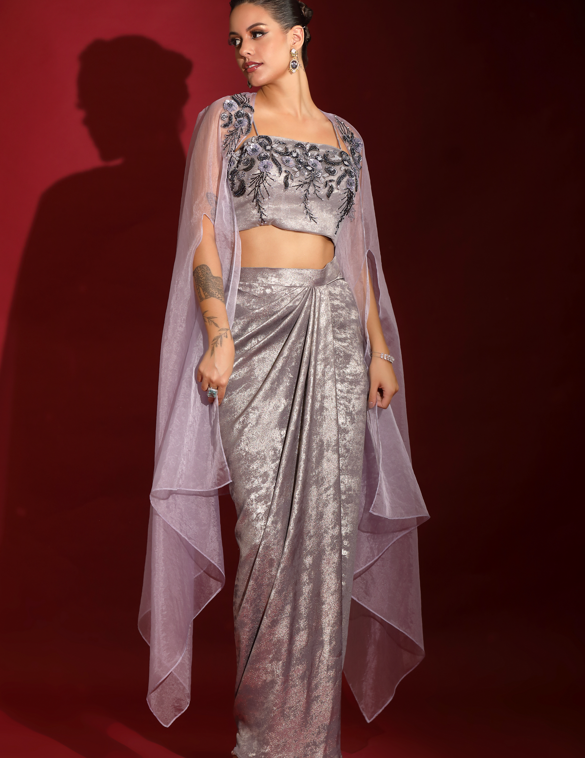 Purple Metallica Embellished Bustier With Drape Skirt And Organza Cape