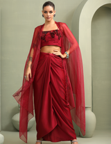 Bloody Mary Abstract Work Crop-Top, Draped Skirt & Embellished Organza Cape