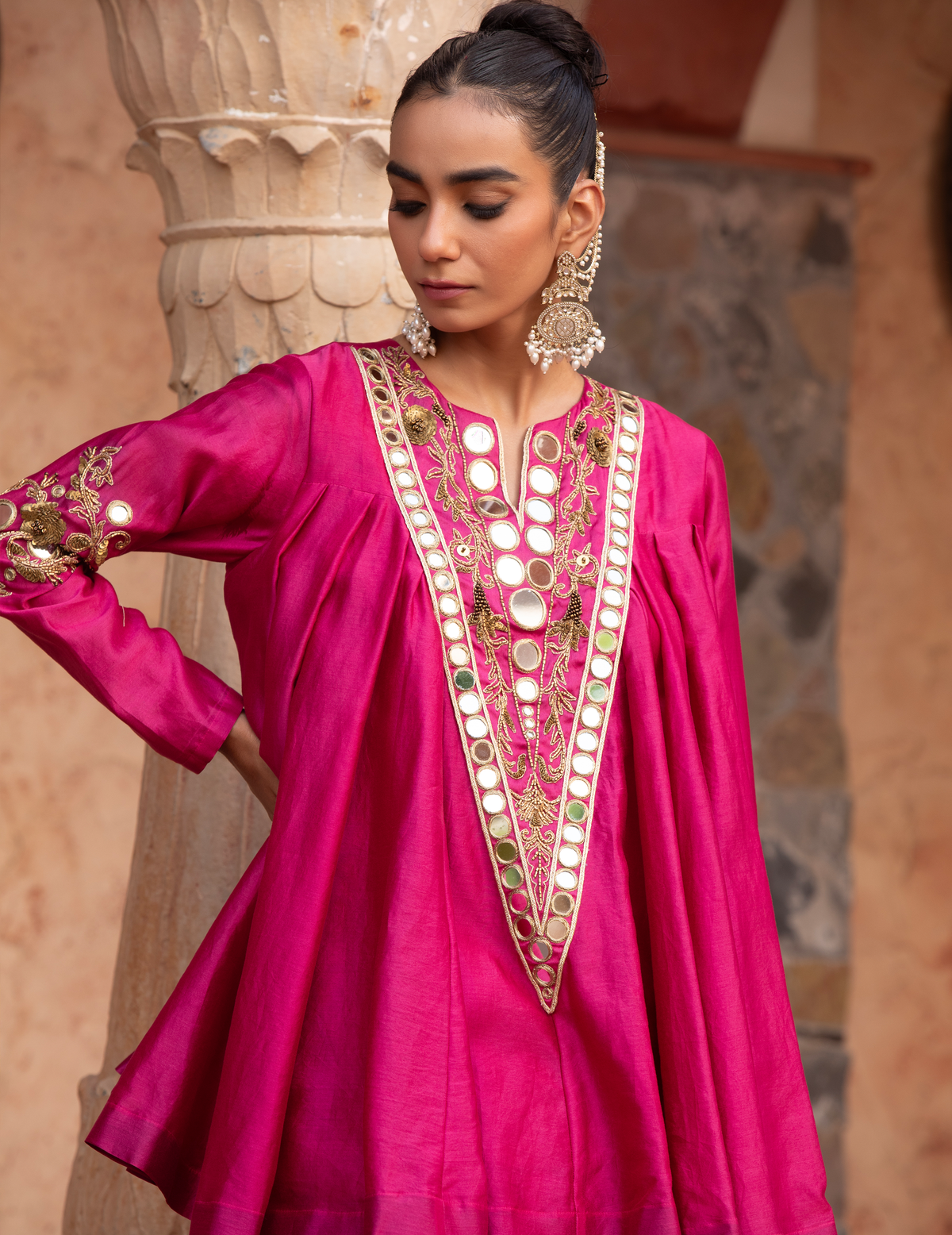 Fuschia Pink Chanderi Kathiavadi Top & Midi Skirt