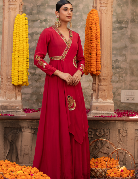 Red Paisley Angrakha Crepe Gown