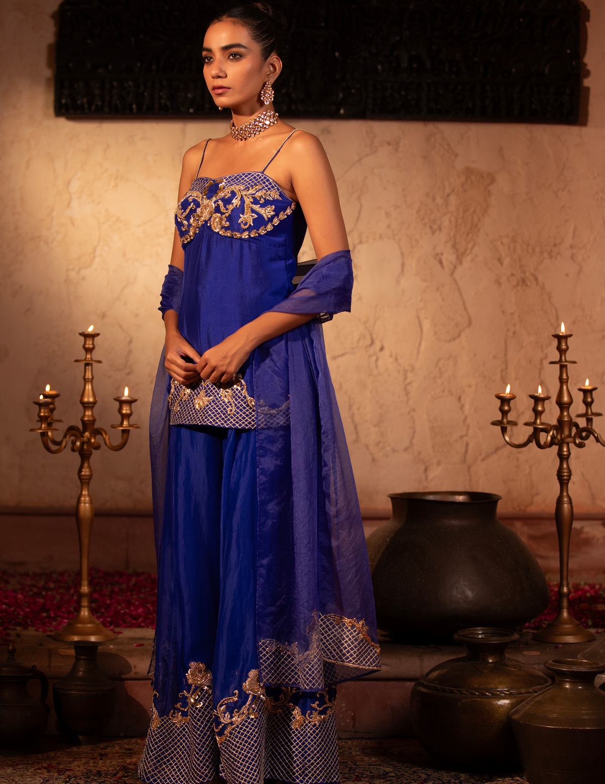 Egyptian Blue Rococco Corset Peplum Sharara Set