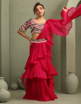 Kitsch Colourful Embellished Blouse & Ruffled Pre-Draped Saree