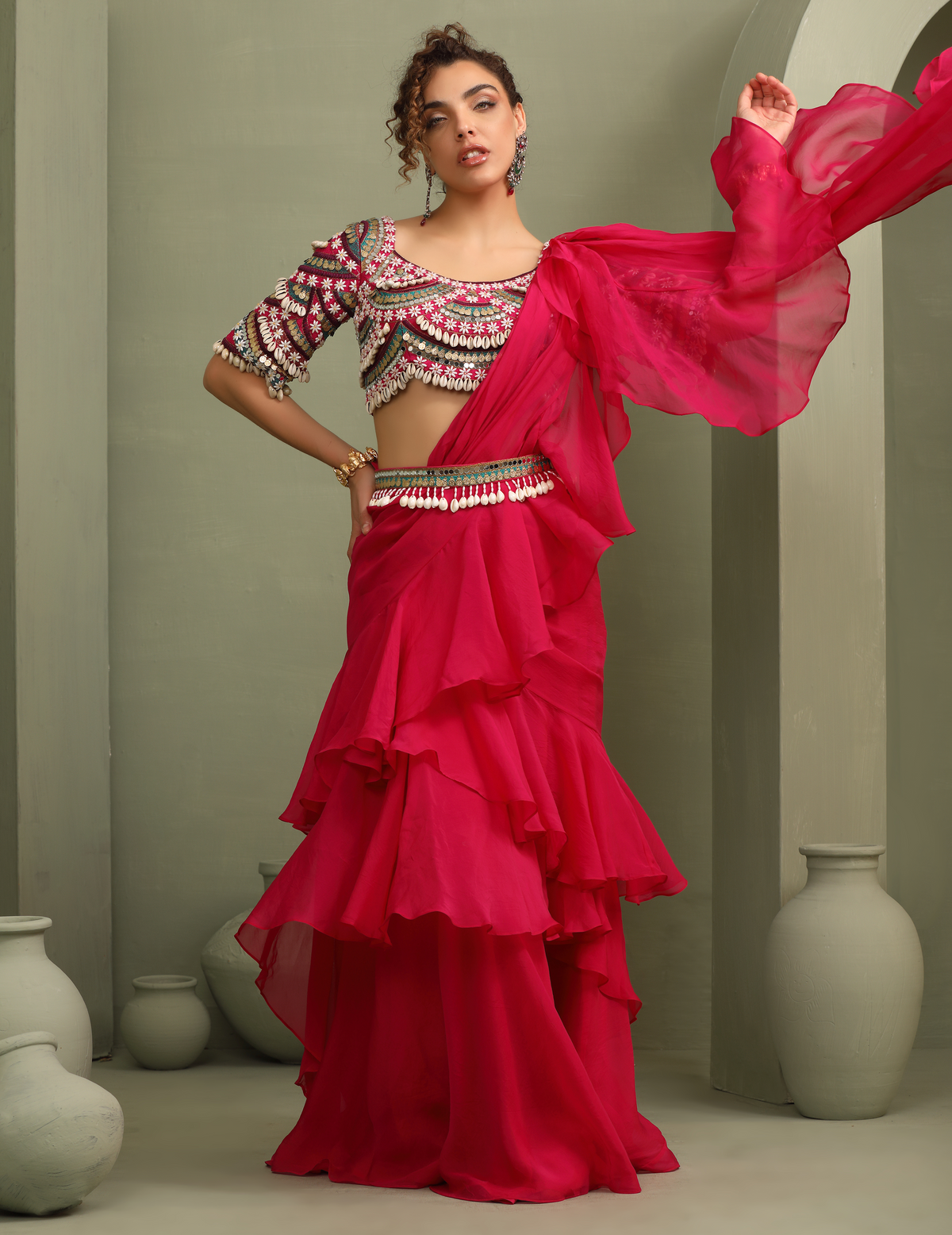 Kitsch Colourful Embellished Blouse & Ruffled Pre-Draped Saree