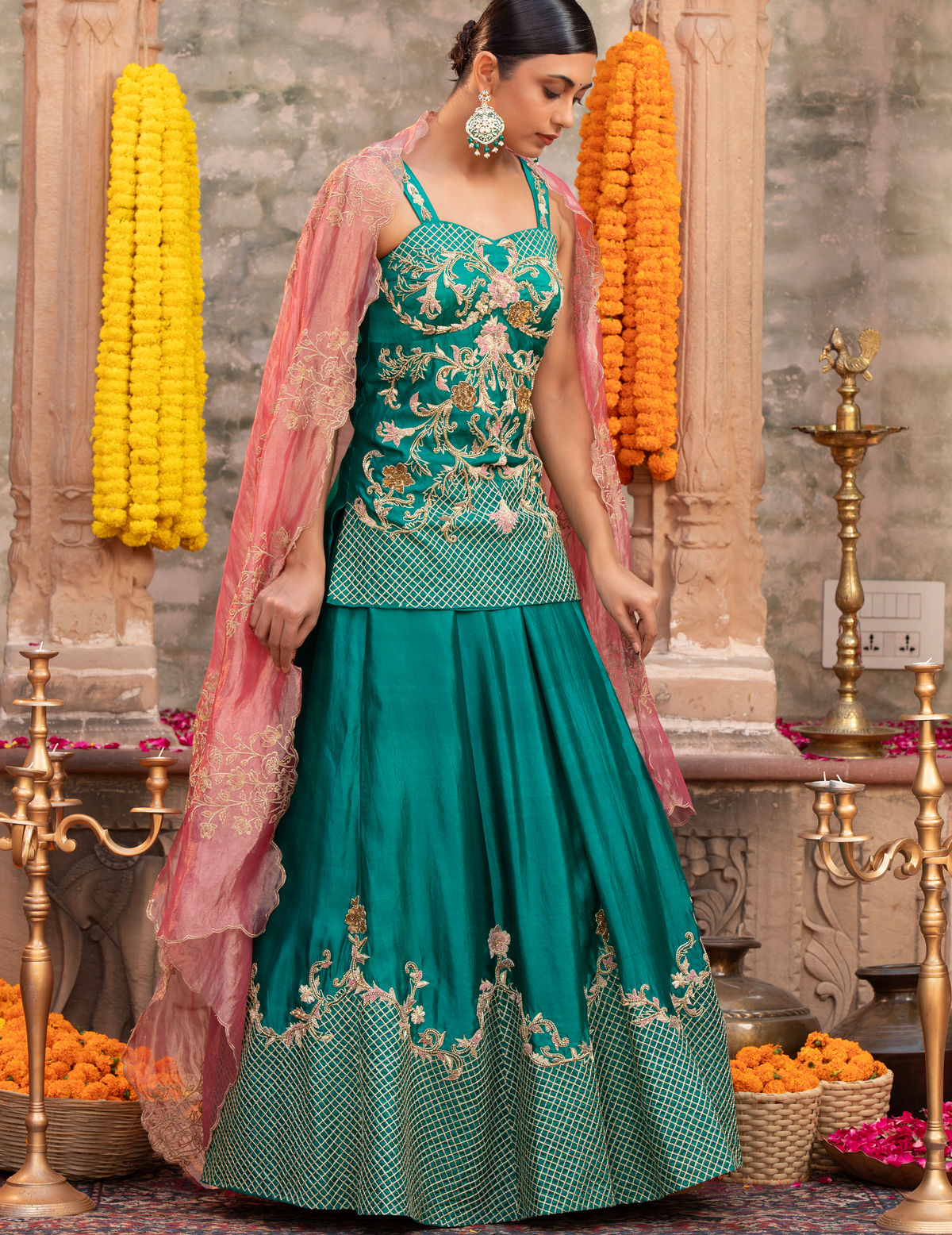 Rama Green Silk Corset Peplum-Lehenga Set