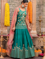 Rama Green Silk Corset Peplum-Lehenga Set