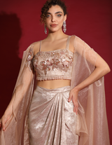 Metallic Rose-Gold Foil & Sea Life Embroidered Crop-Top Draped Skirt-Cape Set