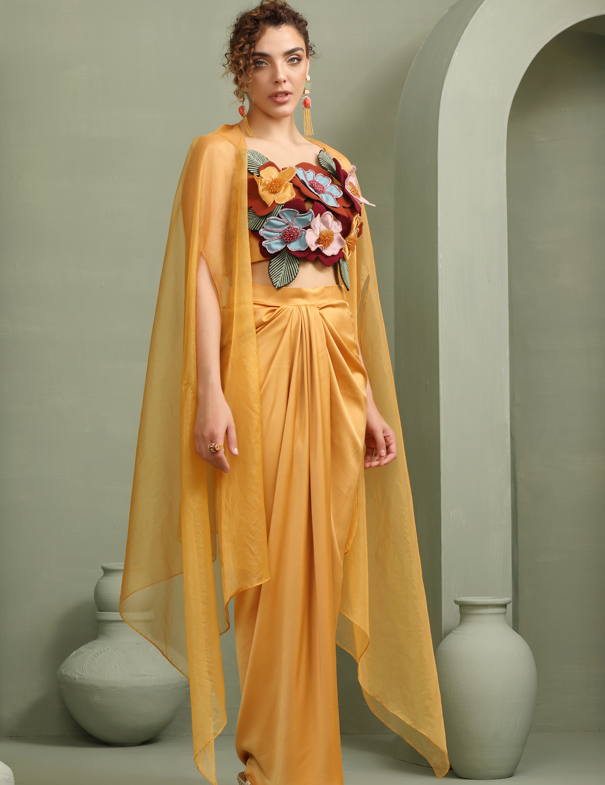 Mustard Draped Skirt-Cape & 3D Hand-Made Colour Block Flower Set